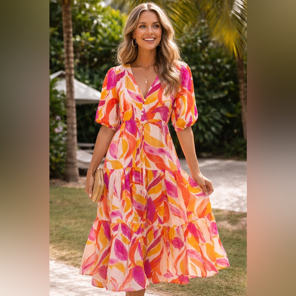 Petal & Pup Pink, Orange & Yellow Abstract Tiered Maxi Dress
